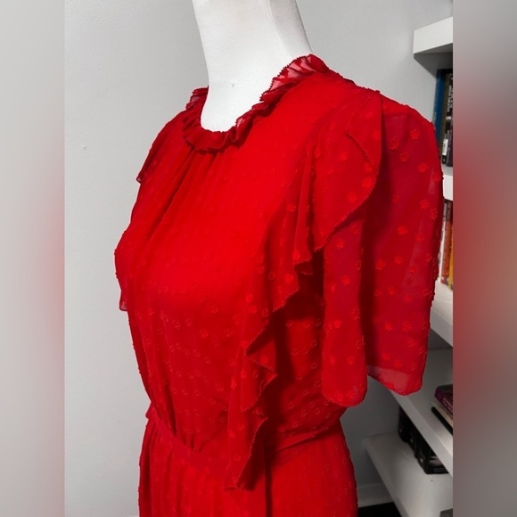 Monique Lhuillier Red Chiffon Ruffle Floral Flutter Sleeve Dress size 10 - Picture 5 of 15